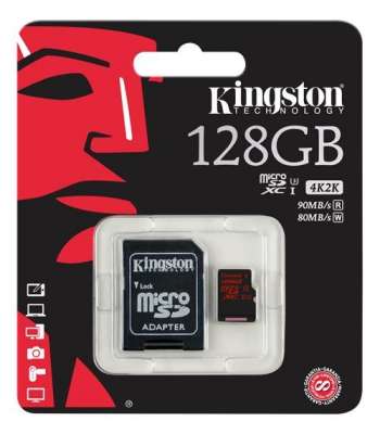 128GB sd kort, microSDXC, Kingston, 90Mbps läs. 80Mbps skriv