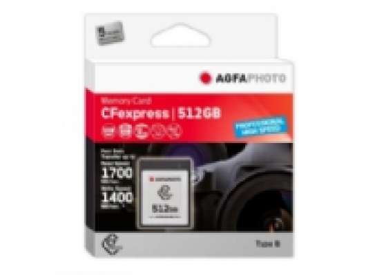 AgfaPhoto CFexpress Professional, 512 GB, CFexpress, NAND, 1700 MB/s, 1400 MB/s, Kyltålig, Värmetålig, Stöttålig, Röntgentålig