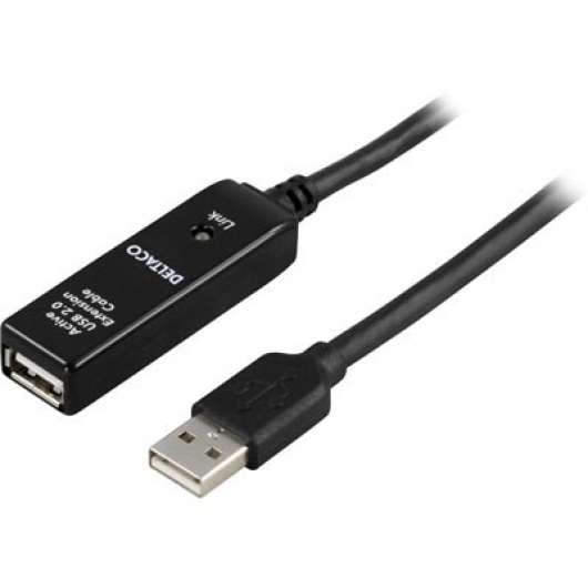 DELTACO USB förlängningskabel, aktiv, USB 2.0, 10m, svart