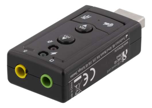 DELTACO USB-ljudkort, 2x3,5mm hona, mic/hörlur, volym
