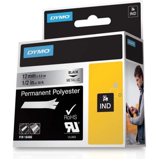 Dymo Rhino Pro permanent polyestertejp 12mm (Svart text/Metallic tejp)