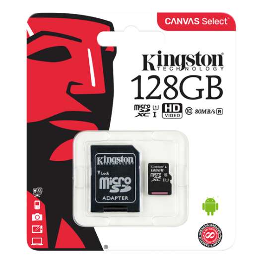 Kingston microSDXC-kort, 128GB, Klass 10 UHS-I, inkl. SD-korts adapter - svart