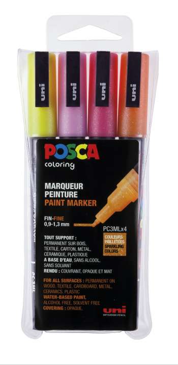 Posca - PC3M - Fine Tip Pen - Glitter pink 4 pc