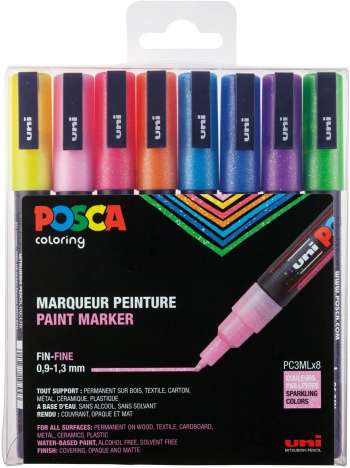 Posca - PC3M - Fine Tip Pen - Sparkling Colors 8 pc