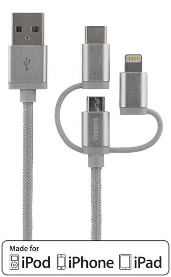 USB-synk/laddarkabel, universal, USB-A ha - Lightning ha - micro-B ha - USB-C ha, 1m, silver